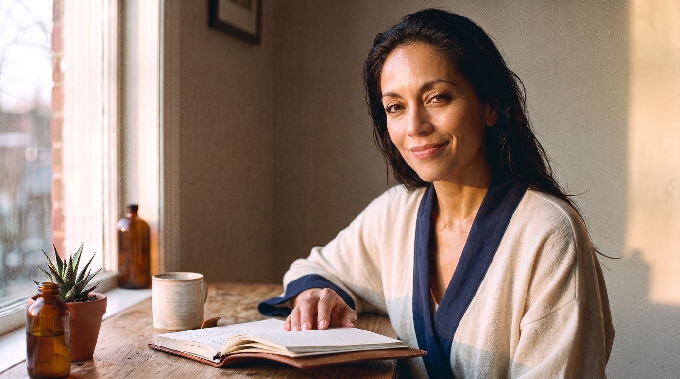 A woman writing in a journal at a wooden table near a window, a mug of tea beside her.